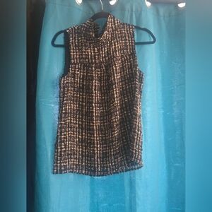 J. Crew Brown and Tan Sleeveless Boxy Blouse with Mandarin Collar